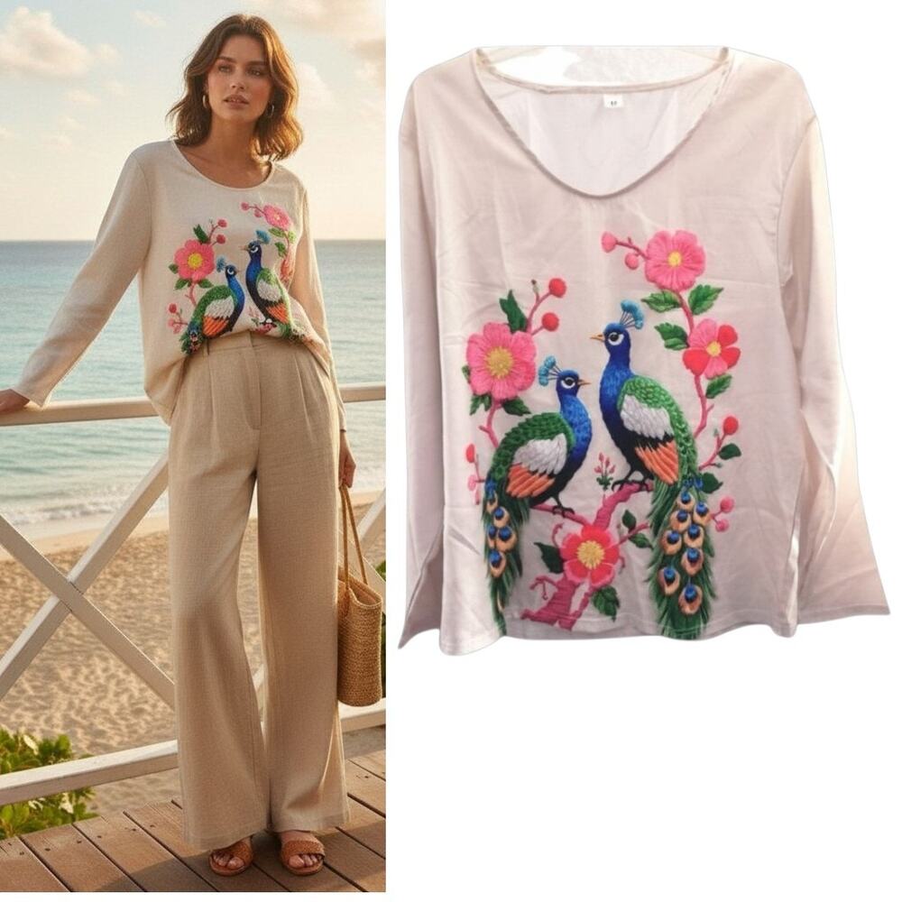 Peacock Floral Print Top M Ivory Linen Look V-Neck Tropical Resort Coastal Boho